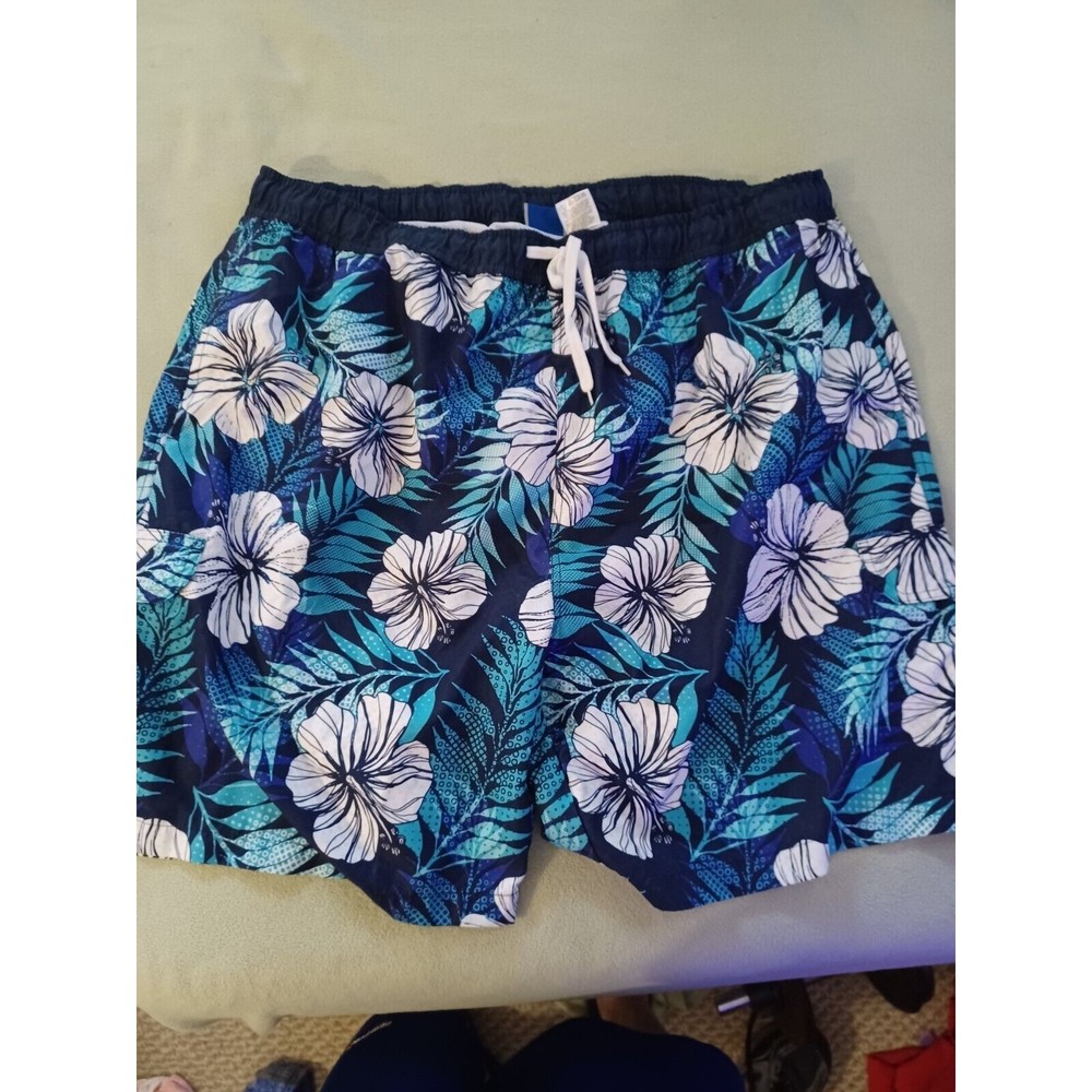 Hawaiian Authentics mens blue white floral lined swim trunks size 2XL